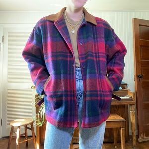 vintage plaid wool + leather collar jacket